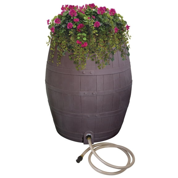 Rescue 50-Gallon Whiskey Rain Barrel – Includes Planter, Rain Water Diverter, Outlet Hose – Flatback Design – Brown