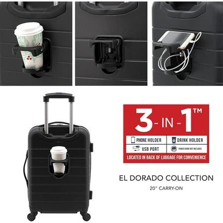 Size 20 Black Wrangler Smart Luggage Set with Cup Holder and USB Port, Black, 20-Inch Carry-On