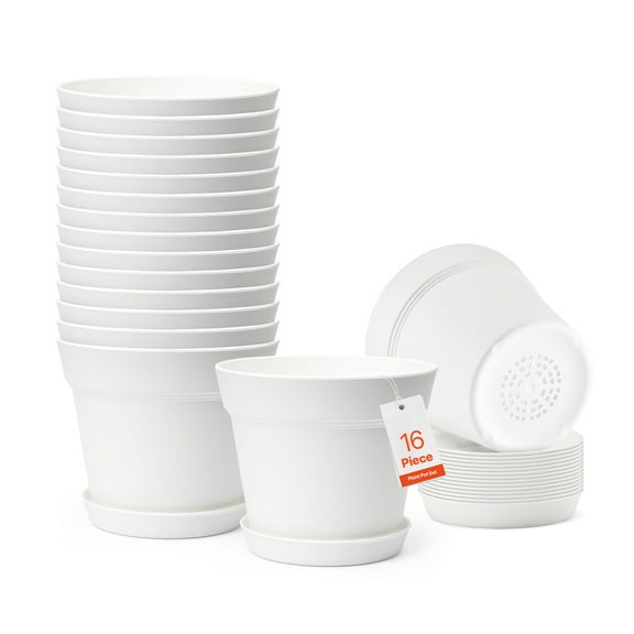 VEVOR Plastic Plant Pots, 16 Packs 6 in Durable Planters, Lightweight Nursery Pots with Drainage Holes & Detachable Saucers, Round Tapered Flower Pot for Indoor & Outdoor Plants, Home Garden Decor