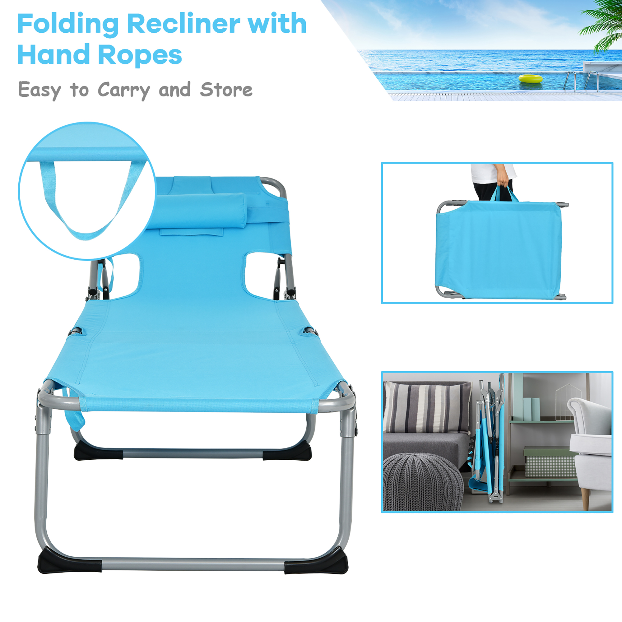 Goplus Outdoor Beach Lounge Chair Folding Chaise Lounge with Pillow Turquoise - image 5 of 8