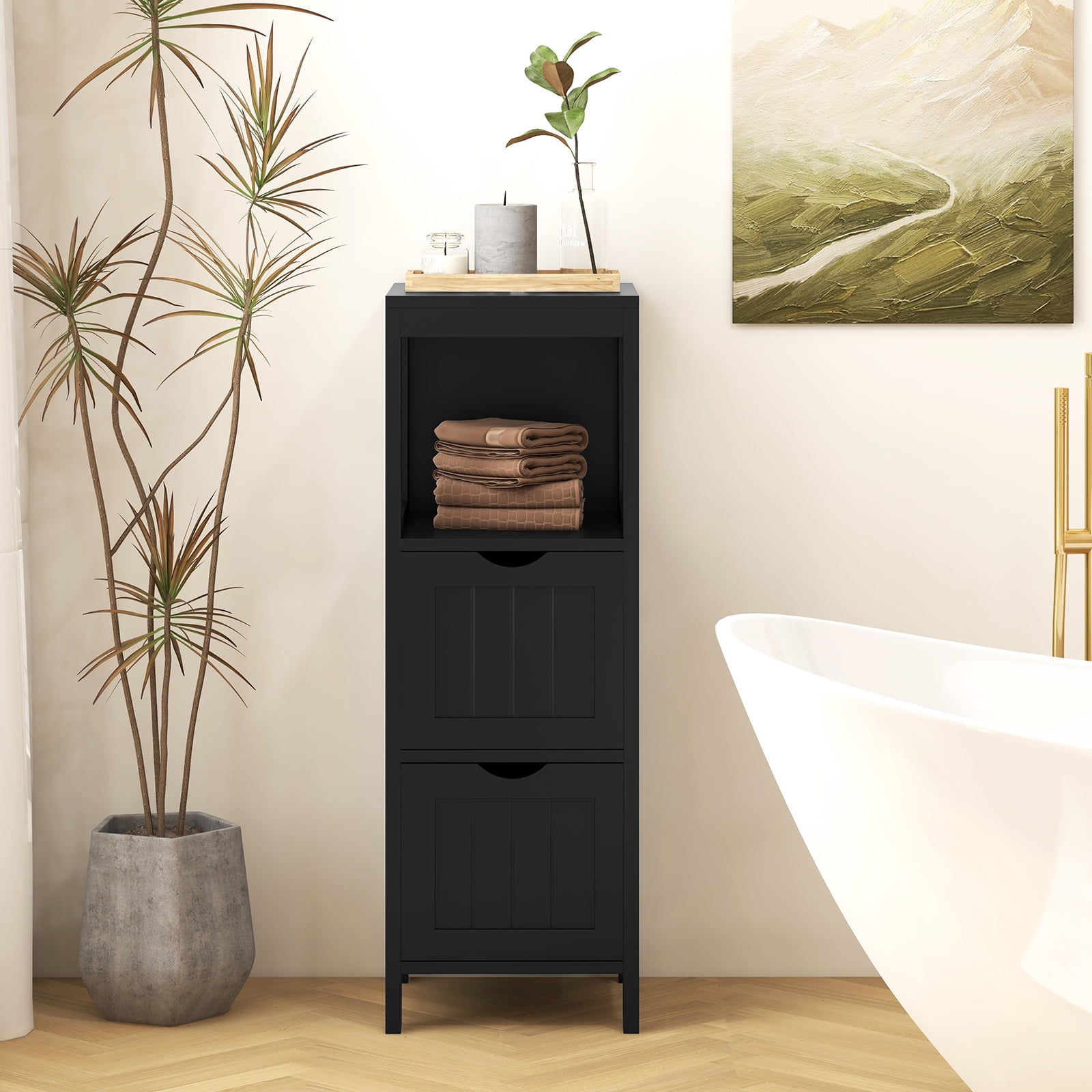 Giantex Narrow Storage Bathroom Cabinet, Freestanding Floor Cabinet w/2 Removable Drawers, Black