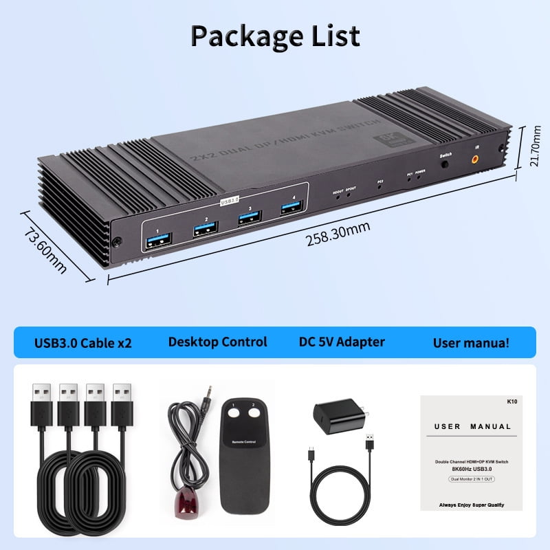 AUBEAMTO 2x2 HDMI DP KVM switch 4K 144Hz Dual Monitor Extended Display 8K USB KVM Switcher 2 in 2 out for 2 Computers 2 Monitors