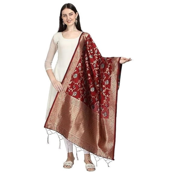 AlchemicLiving Women's Woven Banarasi Silk Floral Maroon Dupatta with Thread Work and Zari Motifs - Beautiful Chunni for Girls - Size: 1M x 2.5M