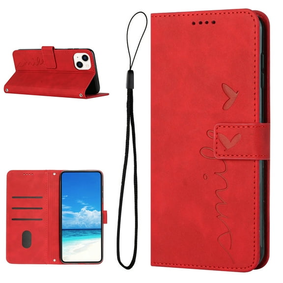 Feishell for iPhone 14 Plus 6.7 inch Wallet Case,for Women Men,Love Heart Pattern Embossed Plain PU Leather Magnetic Clasp Credit Card Slots Folio Flip Kickstand Phone Cover,Red