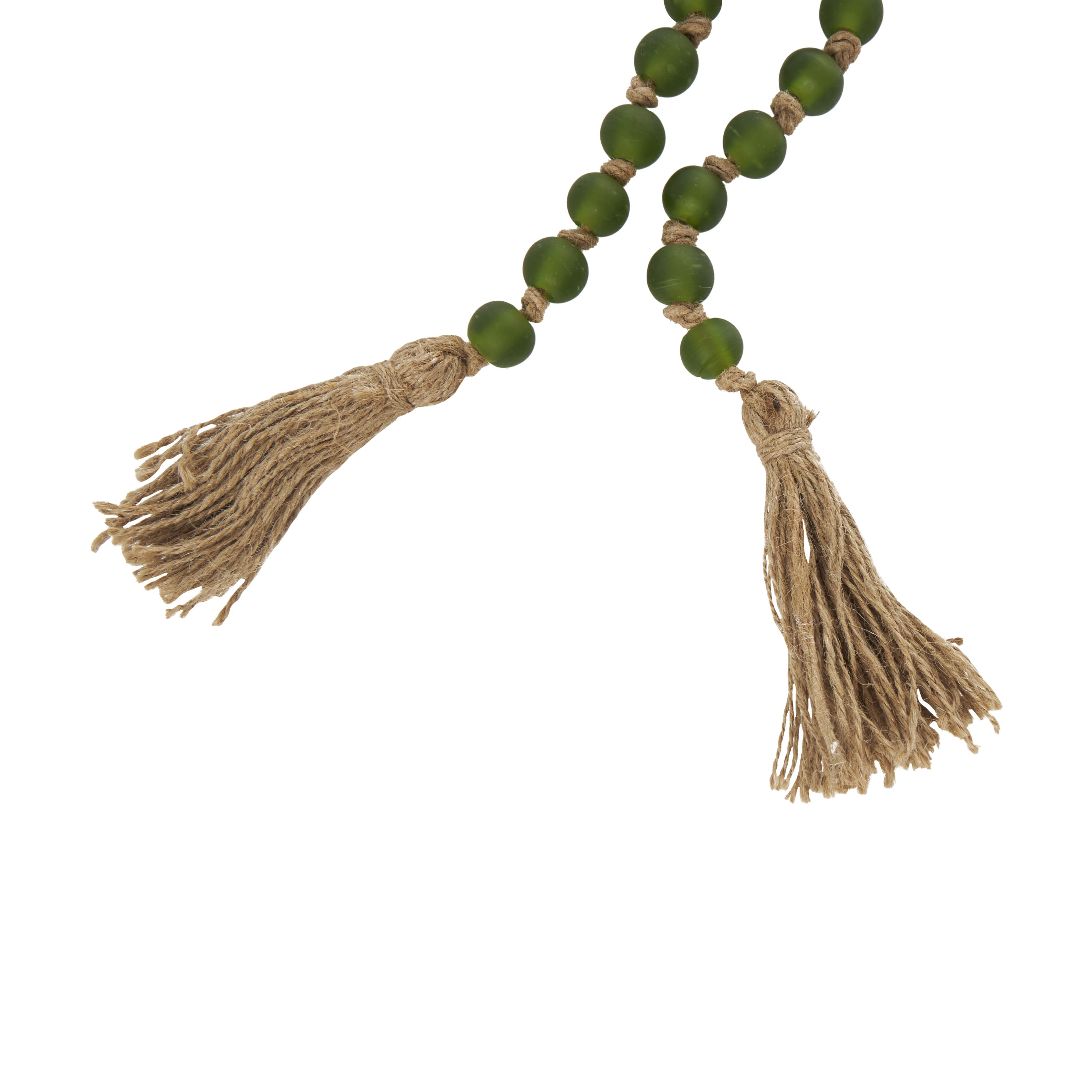 DecMode Handmade Round Long Frosted Beaded Green Glass Garland with Tassel with Knotted Brown Jute