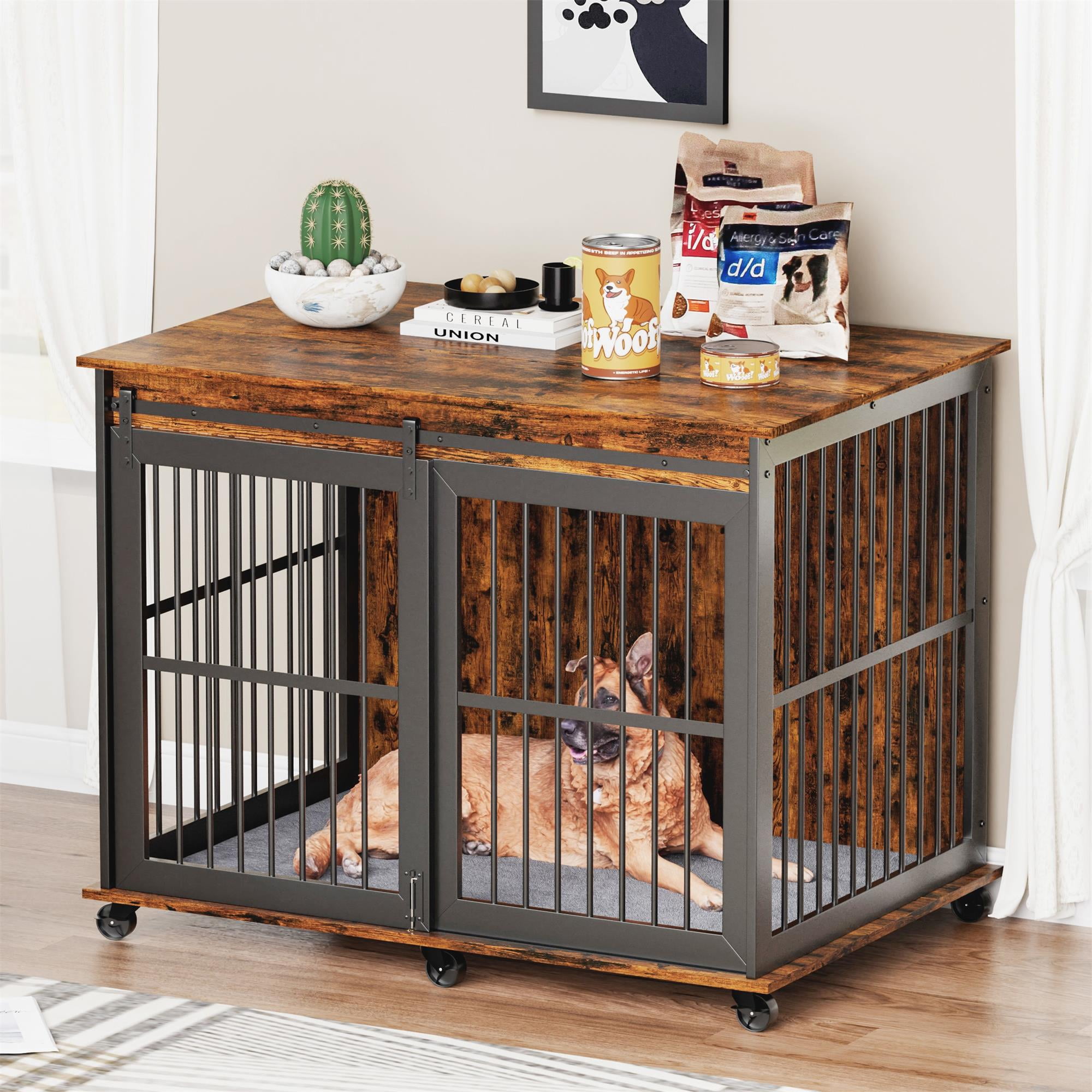 Pefilos 43" Heavy Duty Dog Crate for Medium Dogs, Furniture Style Dog House with Wheels, Indoor Dog Cage Sliding Iron Door with Mat, Brown Pefilos 43" Heavy Duty Dog Crate for Medium Dogs, Furniture Style Dog House with Wheels, Indoor Dog Cage Sliding Iron Door with Mat, Brown