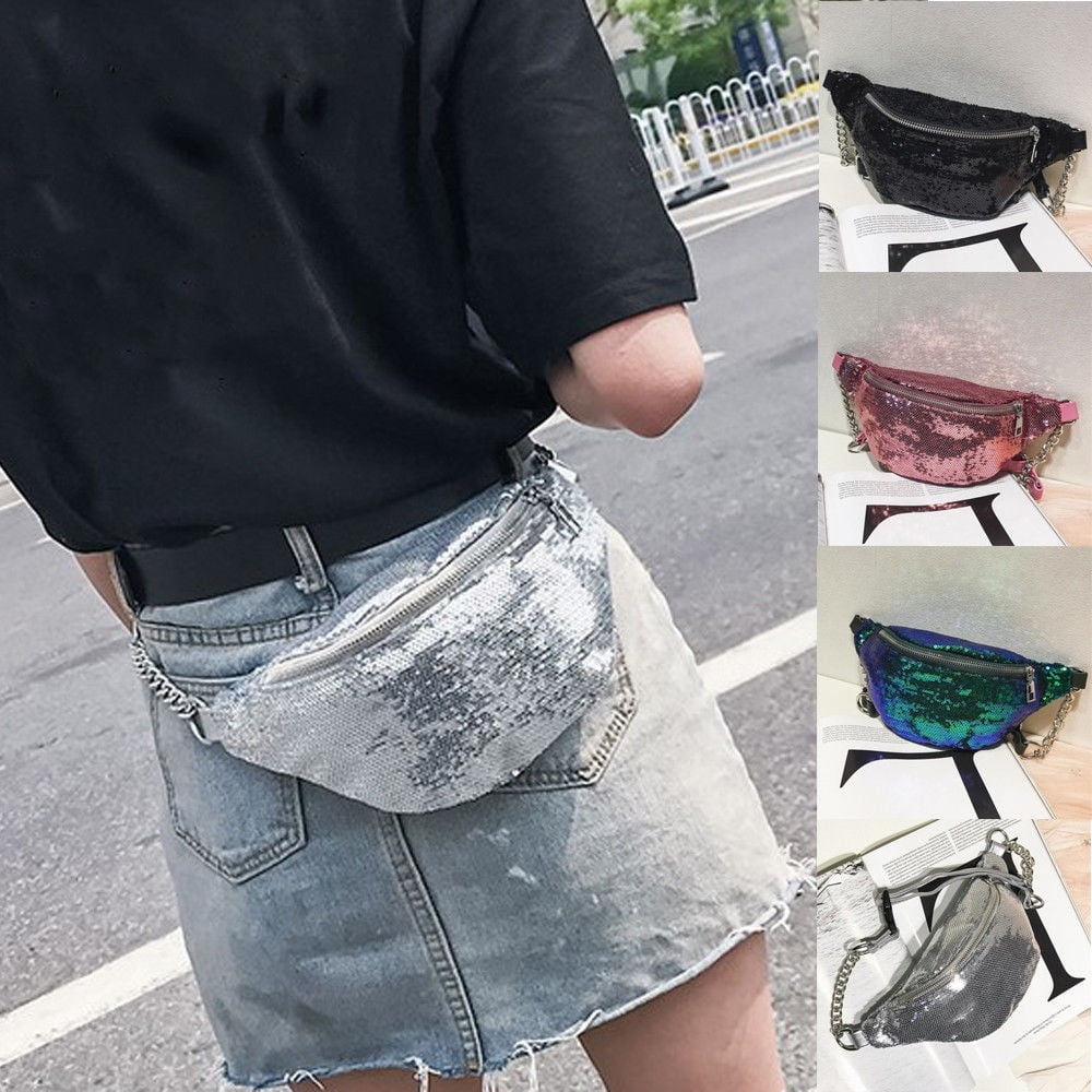 Fashion Women Girls Sequins Glitter Waist Bag Lady Fanny Pack Pouch Hip Purse Satchel Shouder Waist Pack Chain Crossbody Bags
