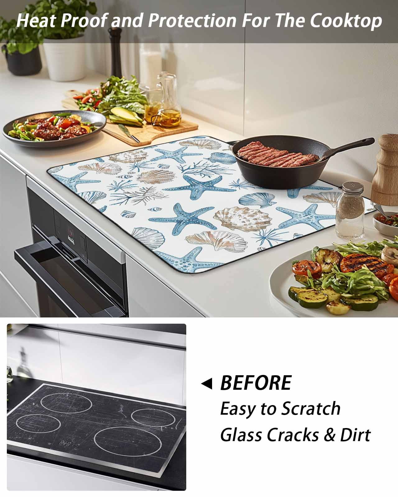 Stove Top Covers for Electric Stove, Blue Beige Coastal Glass Stovetop Cover Protector, Summer Beach Nautical Starfish Shell Induction Cooktop Protector Oven Mat for Kitchen Countertop 24"x21"