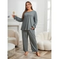 thumbnail image 6 of Women's Plus Size Pajama Set Round Neck Long Sleeved Paired with Pants Oversize Sleepwear 2-piece Pj Set, 6 of 8