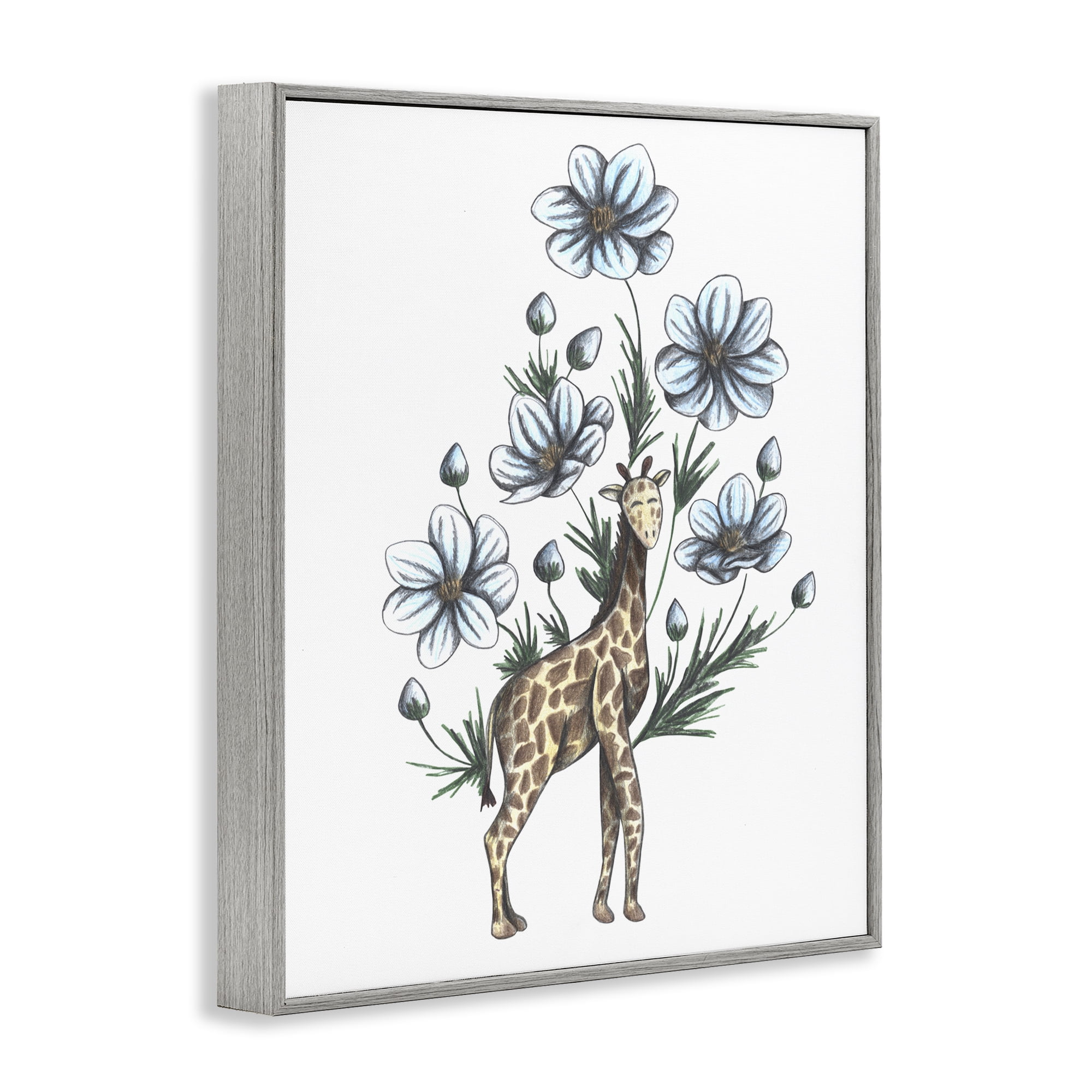 Giraffe with Flower Blossoms Gray Framed Giclee Art, design by Cecilia Battaini