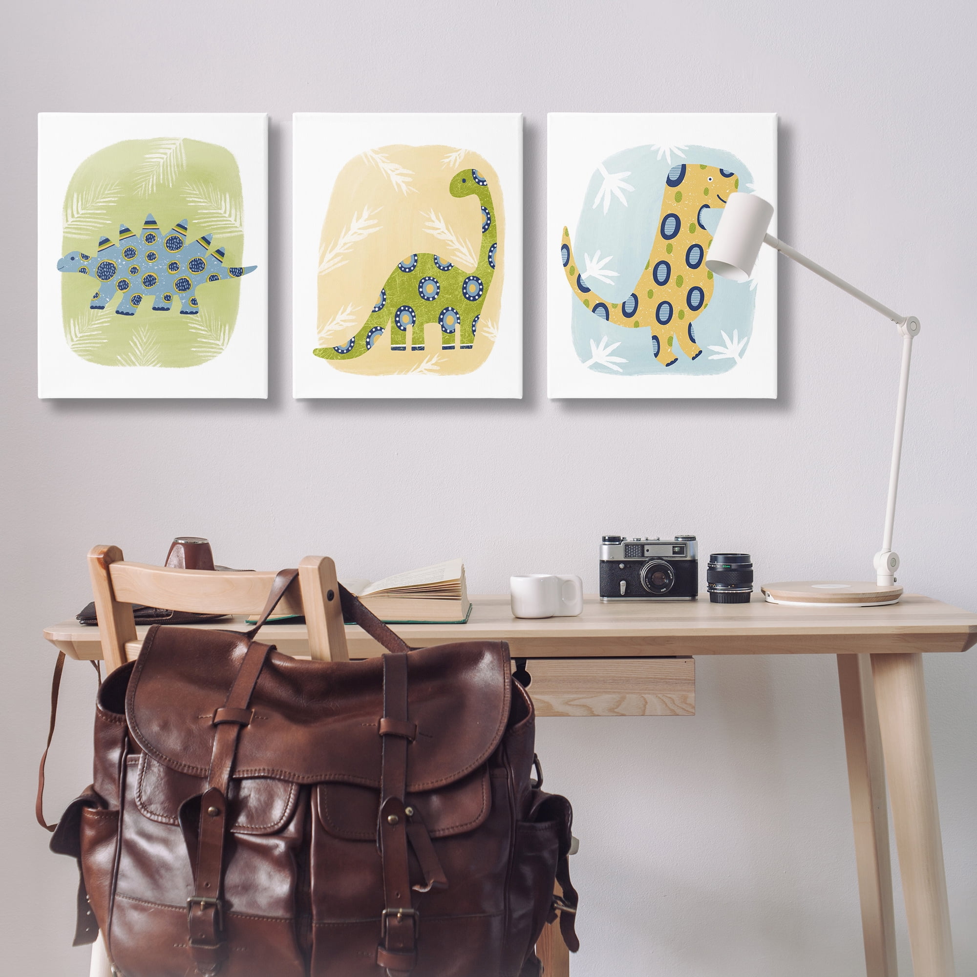 Stupell Industries Three Patterned Dinosaurs Animals Painting Wrapped Canvas Art Print Wall Art, 24 x 30, Set of 3