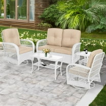MEETWARM 5 Pieces Outdoor Patio Rattan Furniture Sets, All Weather Patio Wicker Conversation Set - 2 Rocking Swivel Chairs 1 Rattan Loveseat Glider with Cushions, 2 Coffee Table, White Wicker/Beige