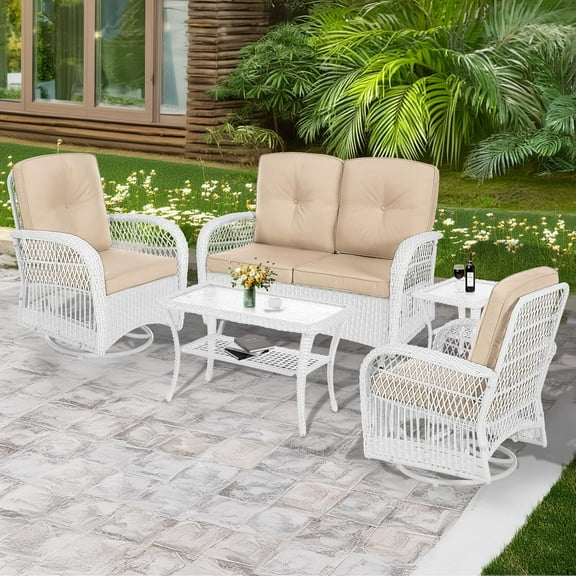 MEETWARM 5 Pieces Outdoor Patio Rattan Furniture Sets, All Weather Patio Wicker Conversation Set - 2 Rocking Swivel Chairs 1 Rattan Loveseat Glider with Cushions, 2 Coffee Table, White Wicker/Beige