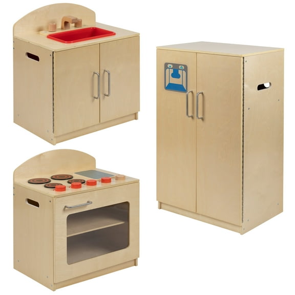 Flash Furniture Children's Wooden Toy Kitchen Set with Pretend Stove, Sink, and Refrigerator