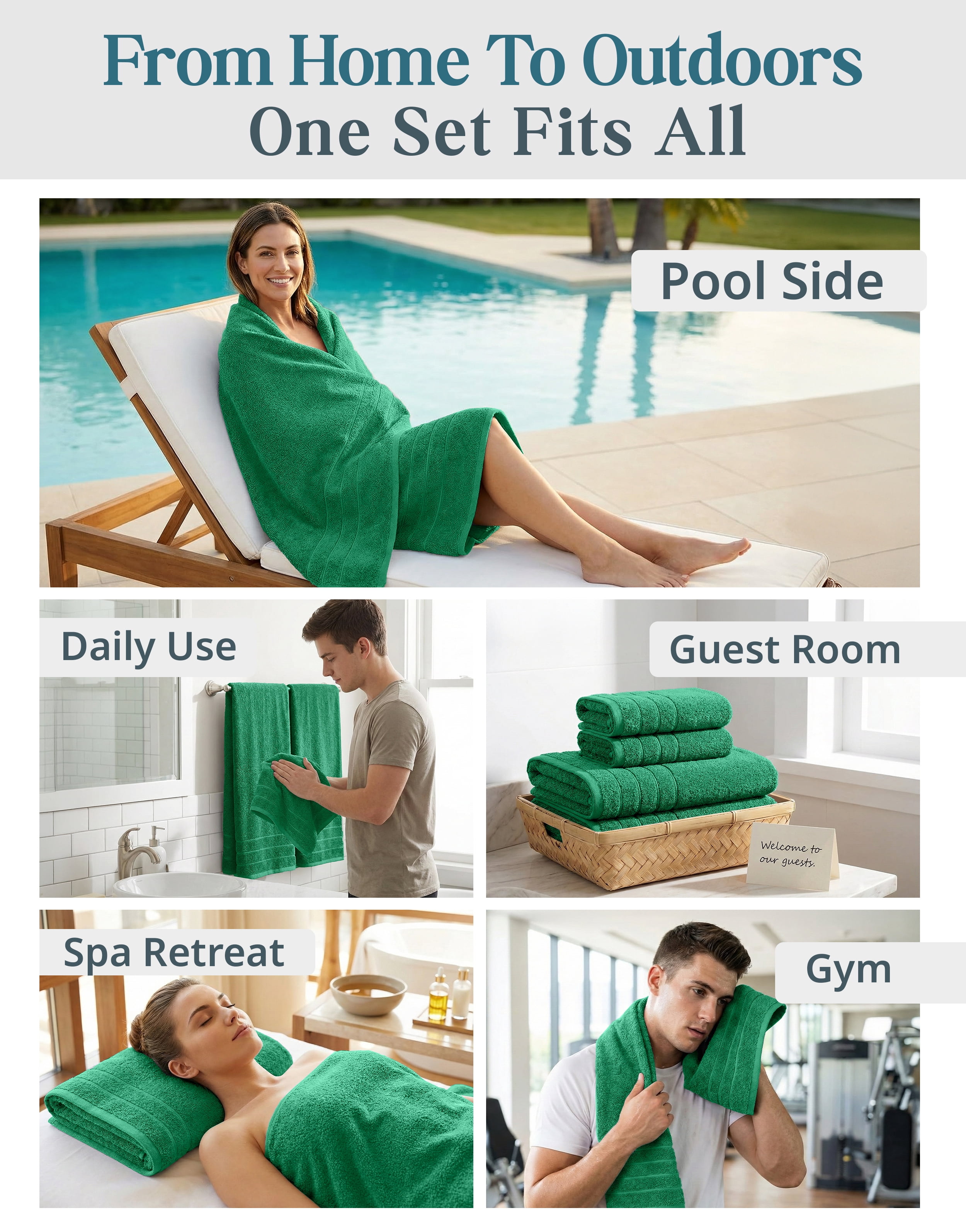Casa Platino 8-Piece Bathroom Towels – Luxurious 100% Ring Spun Cotton, Includes 2 Bath, 2 Hand & 4 Washcloths, Quick-Dry, Lightweight, Everyday Essential – Emerald