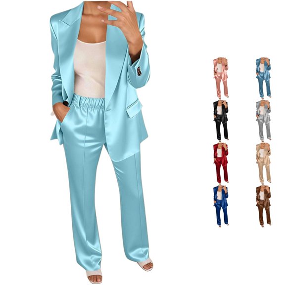 Jane Wardrobe , Satin Notch Lapel Blazer Two Piece Outfit, Elegant Button Front Long Pants Dressy, Mother Of The Bride Pant Suits, S‑XXXL Plus Size Friendly, 1 Blazer 1 Long Pant Set