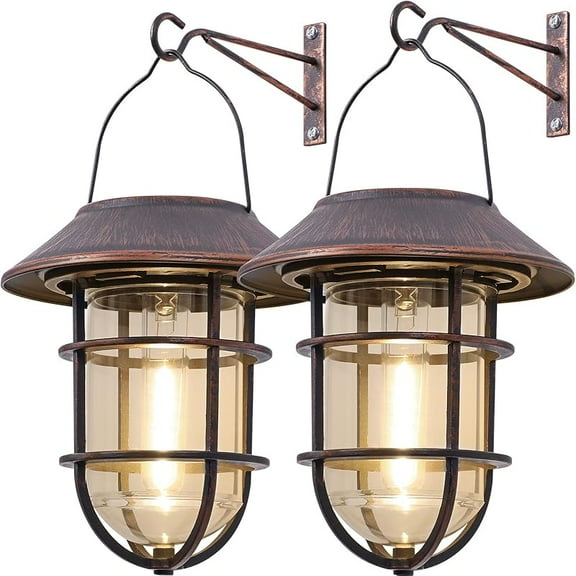 Upgrade Solar Outdoor Lights, Hanging Lantern, Waterproof Solar Lights with Wall Mount Kit for Garden Patio Porch Fence Decor 2 Pack