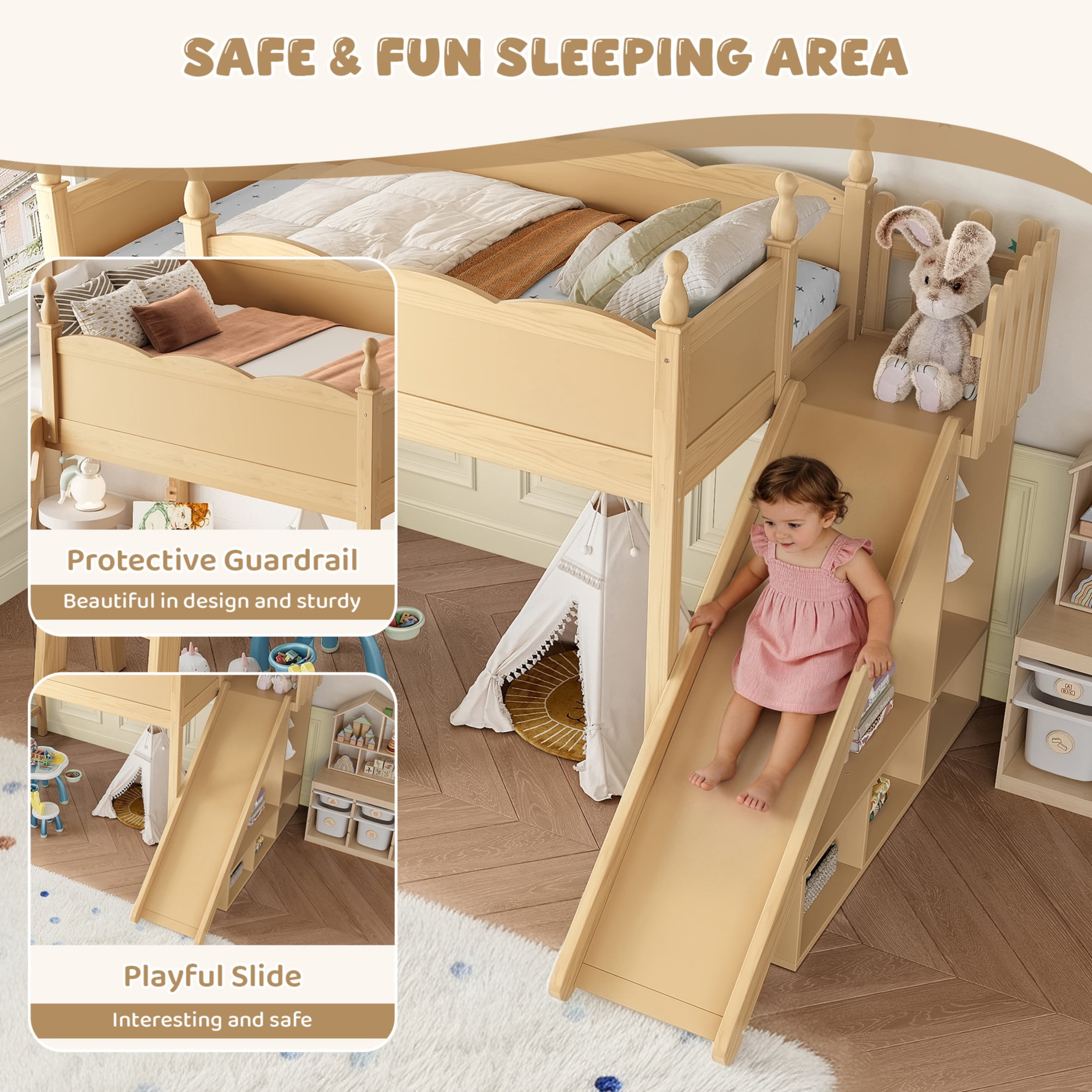 Noble House Full Loft Bed with Storage Shelves, Detachable Slide and Ladder, Natural