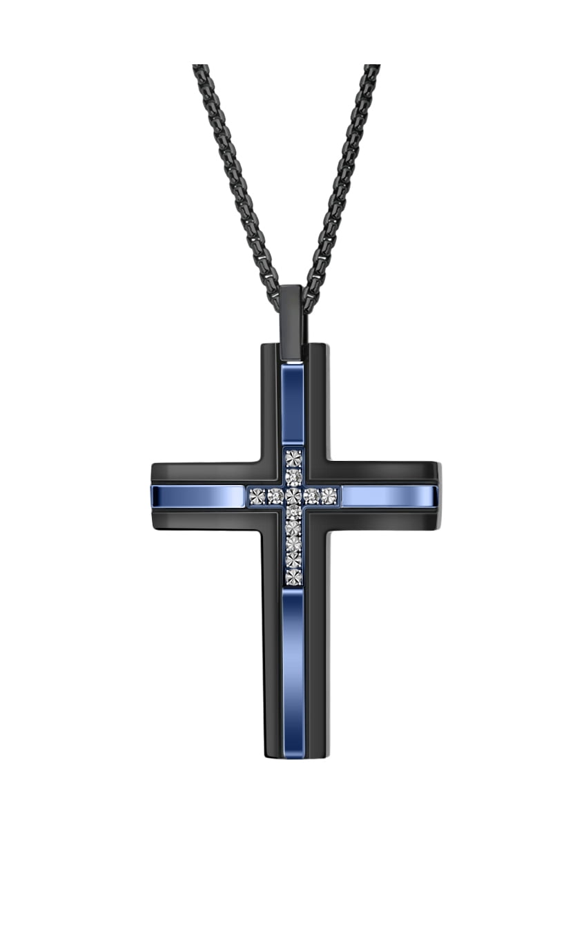 American Exchange Stainless Steel Black/Blue Cross Pendant Necklace for Men