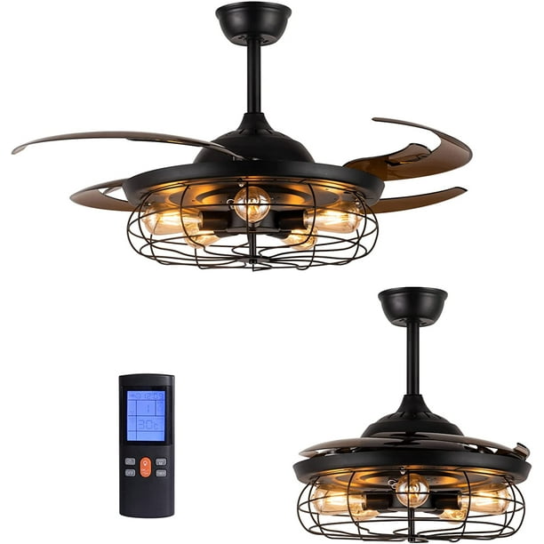 48'' Industrial Ceiling Fan with Lights, Black Fandelier Retractable