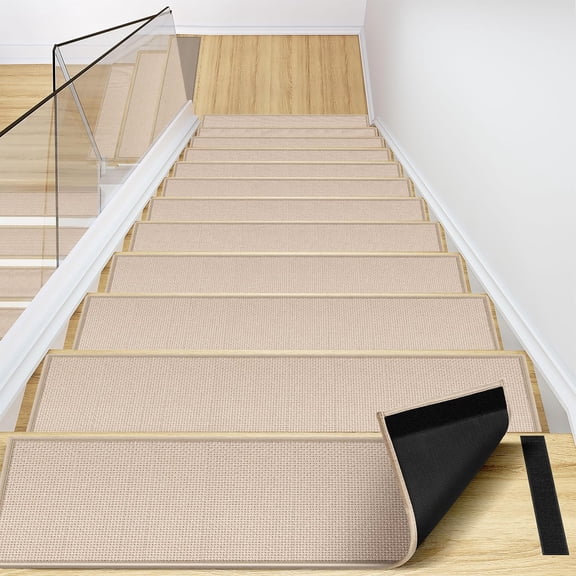 Peel and Stick Adhesive Stair Treads for Wooden Steps Indoor Set of 5Pack, Rubber Backed Non Slip Jute Stair Rug Step Pads for Pet Dog, Elders and Kids, Beige