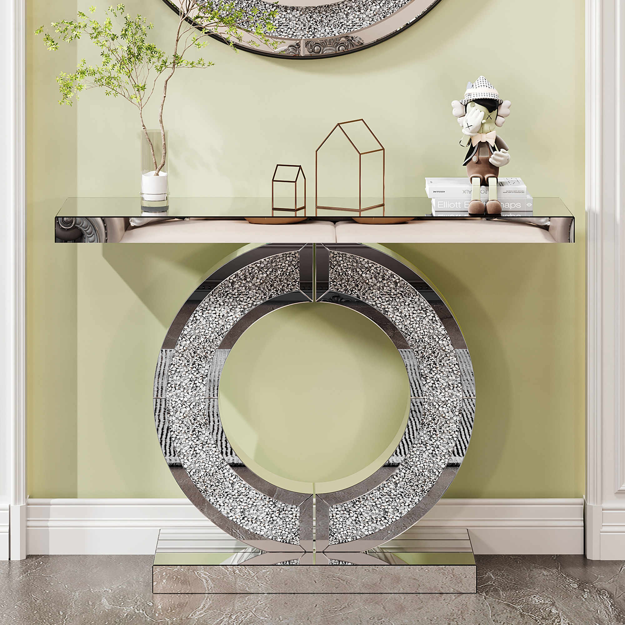 MDQMD Mirror Console Table with Crystal Base,Modern Entryway Table for Hallway,Luxury Reflective Sofa Table for Living Room