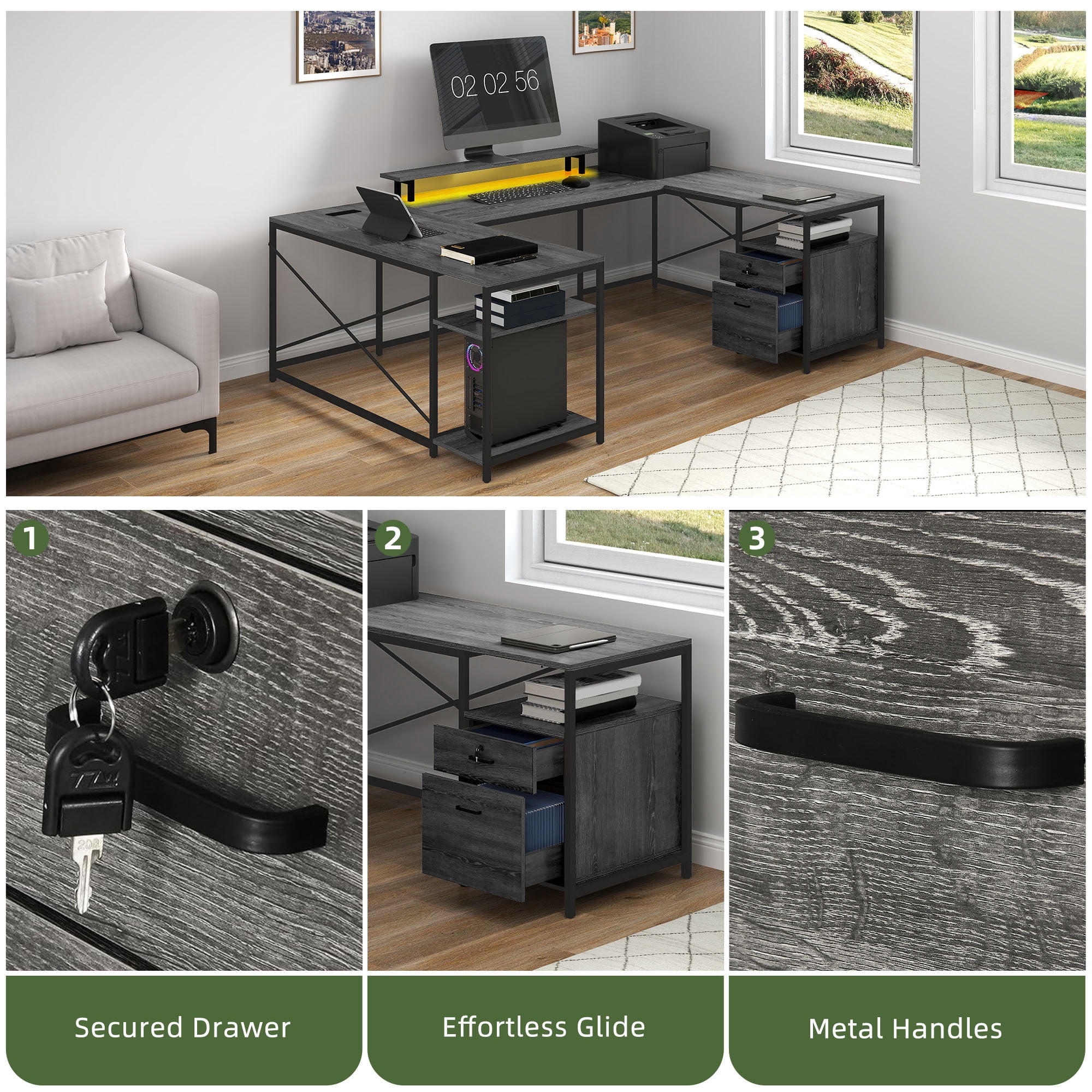Uforic U Shaped Computer Desk with Power Outlets and LED Lights, Reversible L Shape Desk for Home Office, Gray