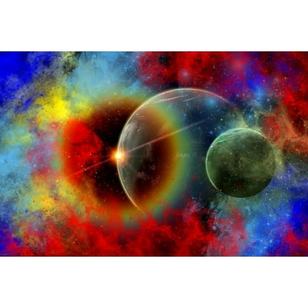 - A distant alien world and its moon surrounded by vibrant colored nebulous gas clouds and illuminated by its Sun Poster Print