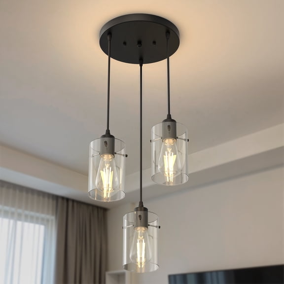 YANSUN 9.8 in 3 Light Black Pendant Light with Glass Shades,  Adjustable Modern Linear Hanging Chandelier for Kitchen Island, Dining Room, Bedroom