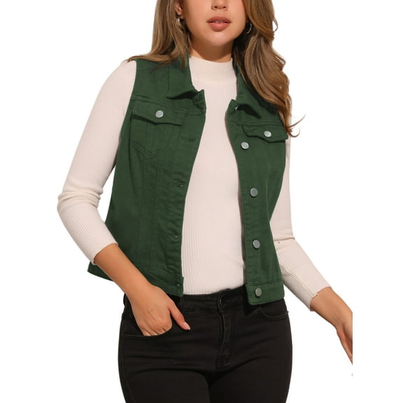 DARING DIVA Women's Denim Sleeveless Flap Pockets Vest Jacket XS Dark Green