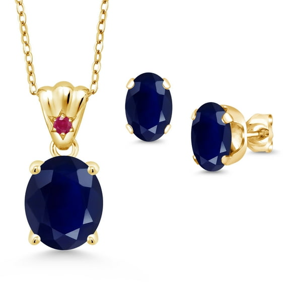 Gem Stone King 18K Yellow Gold Plated Silver Blue Sapphire and Red Ruby Pendant and Earrings Jewelry Set for Women (8.14 Cttw, Gemstone Birthstone, Oval 11X9MM and 8X6MM with 18 inch Silver Chain)