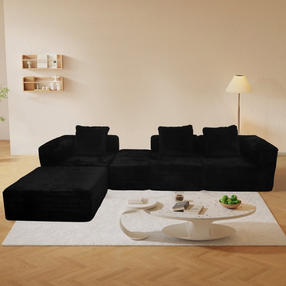 Leumius 118" Modular Sectional Sofa,Cloud L-Shape Sofa Couch with Deep Seat,Modern Modular Sectional Couch with Left Facing Chaise,Upholstered Boneless Couches for Living Room Bedroom,Black
