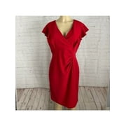 DKNY Womens Red Ruched Zippered Flutter Sleeve Surplice Neckline Short Party Sheath Dress 14