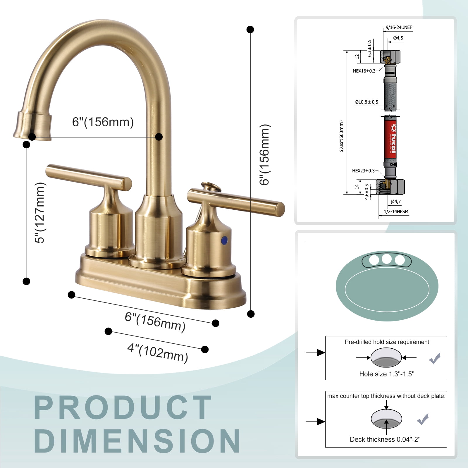 Wowow Gold 4-in centerset 2-Handle Bathroom Sink Faucet with Drain