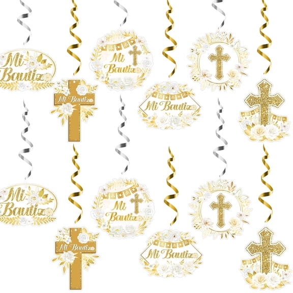 30Pcs Religious Wall Hanging Set for Easter Party, Paper Watercolor Cross Spiral Cutouts, Gold Silver