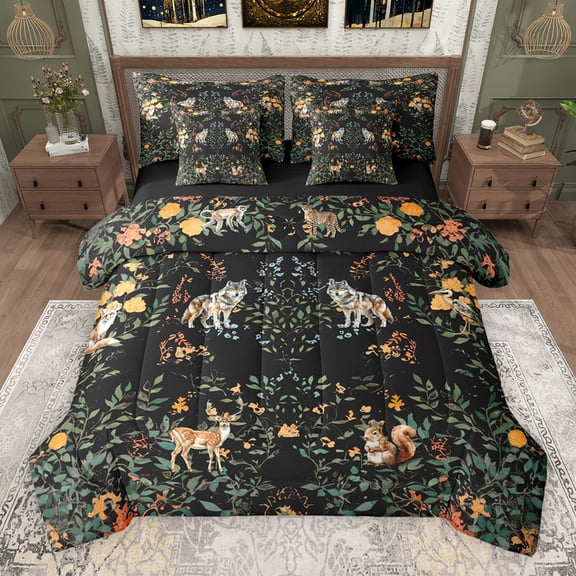 Erosebridal Tropical Flower Twin Bedding Sets, Woodland Animal Deer Wolf Bedding Comforter Set, Black Reversible, 7pcs