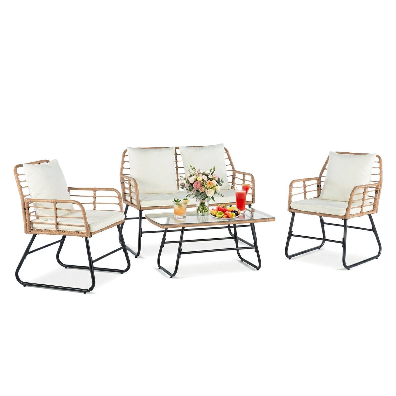 4 Pieces Outdoor Patio Furniture Set, Outdoor PE Wicker Patio Conversation Set with Cushion, Glass Table, Pillow, Beige