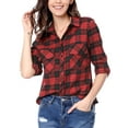 thumbnail image 3 of INSPIRE CHIC Women's Plaid Roll up Long Sleeves Single Breasted Shirt with Brushed Flap Pockets L Black Red, 3 of 9
