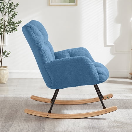 Glider Chair for Living Room Tufted Upholstered Teddy Fabric Rocking Chair with Metal Frame Accent Chair Blue