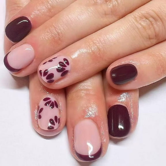 JZROCKER 24 Pcs Short Round Acrylic Nails Simple False Nails Flowers Full Covers Stick On Nails French Tip Press On Nails
