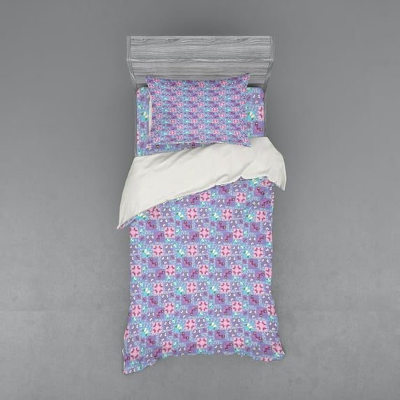 Butterfly Duvet Cover Set, Springtime Theme Lively Colored Ornate in Squares with Leaves, Bedding Set with Shams and Fitted Sheet, 3 Sizes, by Ambesonne