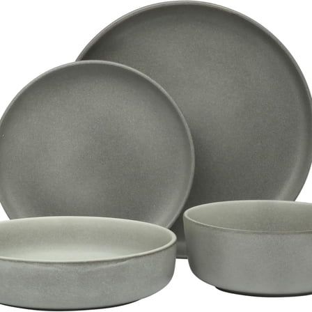 16 Piece (Service for 4) Plates and Bowls Double Bowl Reactive Glaze Dishes Stoneware Ceramic Dinnerware Set - Grey