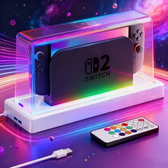 HEYSTOP Switch Dock Cover with 16 Color LED Light Base, Acrylic Display Case & Anti-Scratch Protector for Nintendo Switch 2
