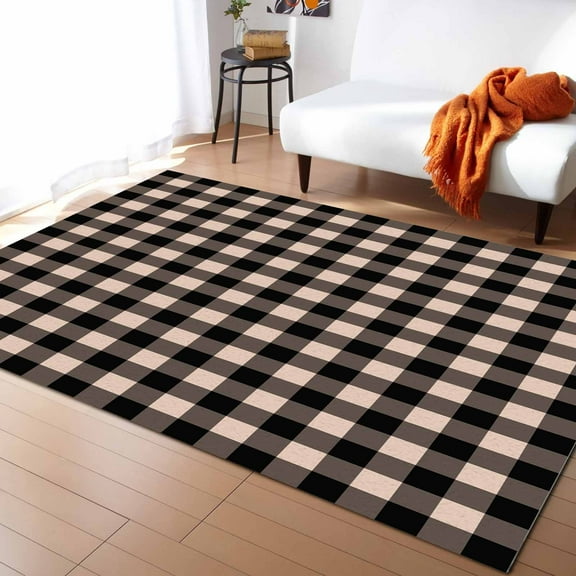 Area Rugs Indoor Non-Slip Rectangle Rug 5x8 Ft Black Brown Retro Plaid Pastoral Plaid Vintage Style Rug Rubber Backing Floor Mats Non Shedding Home Decor Carpet for Entryway Living Room