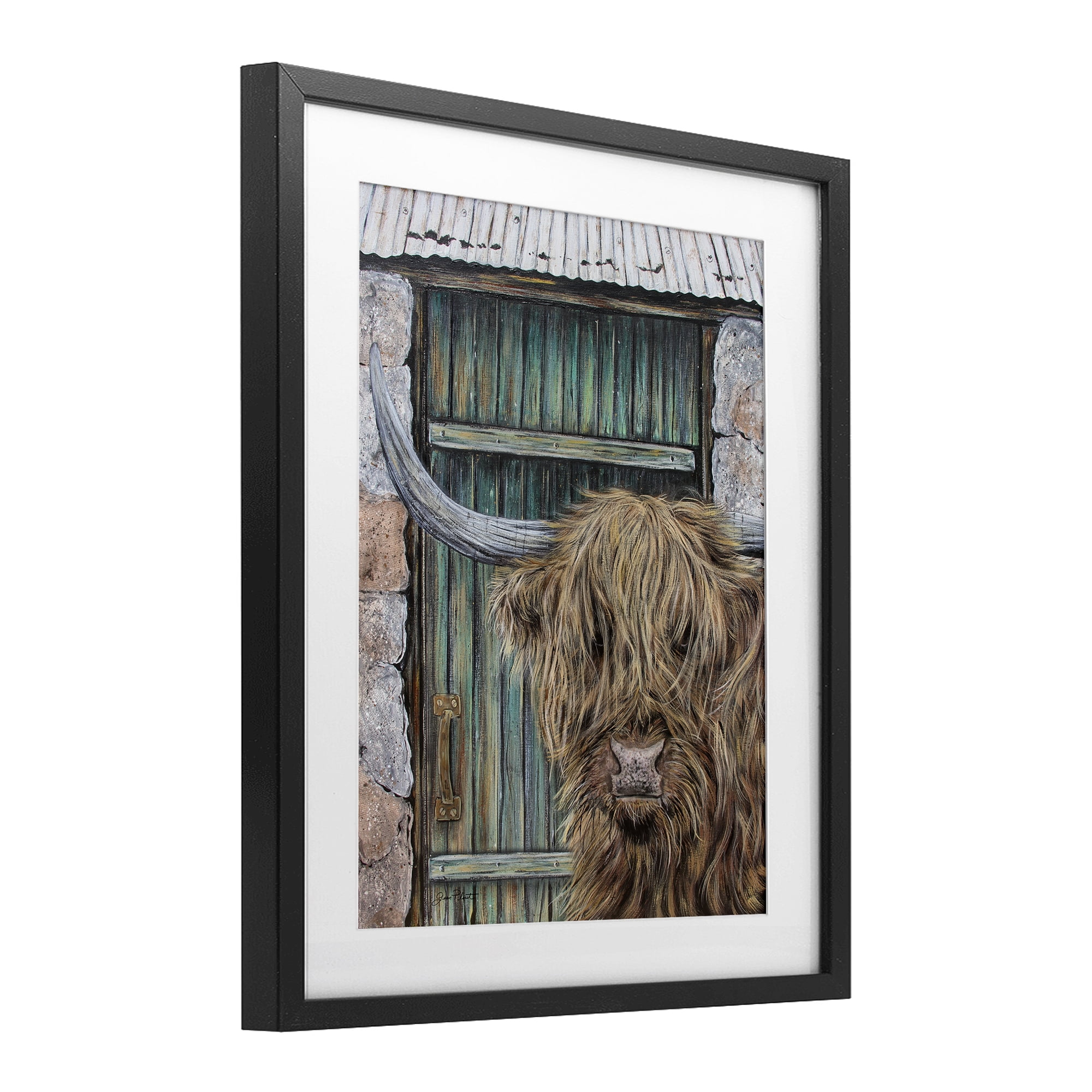 Highland Cow by Barn Door Black Framed Print Under Glass, design by Jean Plout