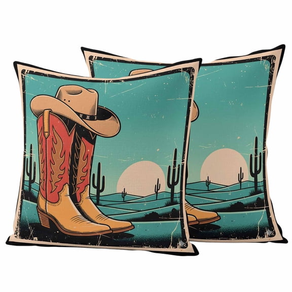 Outdoor Pillow Covers 20 x 20 Inches, Brown Teal Western Waterproof Throw Pillow Cover Set of 2, Vintage Cactus Watercolor Botanical Decorative Square Cushion Covers for Patio/Tent/Couch/Garden