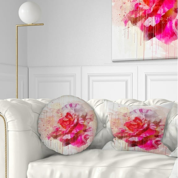 Designart Red Rose with Watercolor Splashes - Floral Throw Pillow - 12x20