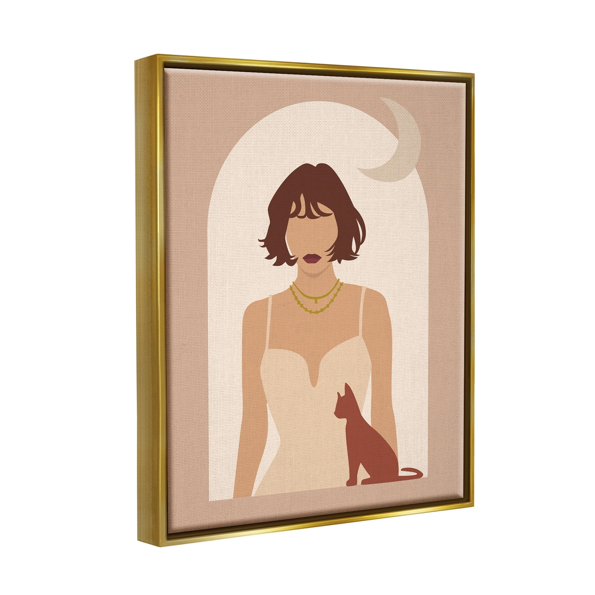 Stupell Industries Woman & Cat Arch Shape Cutout Moon Motif Graphic Art Metallic Gold Floating Framed Canvas Print Wall Art, Design by Birch&Ink