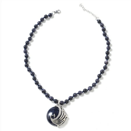 Goldstone Pendant Necklace - Blue Goldstone White Crystal Pendant and Bead Necklace 18
