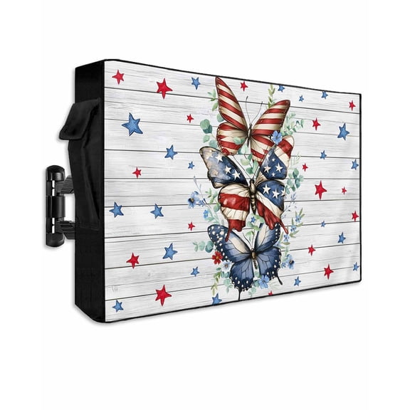 Navy Blue Butterfly 4th of July Outdoor TV Cover 60 to 65 Inch Waterproof, Independence Day Stars Wooden 600D Oxford TV Covers with Zipper, Outside Flat TV Screen Protector 58"Wx37"Hx4.5"D